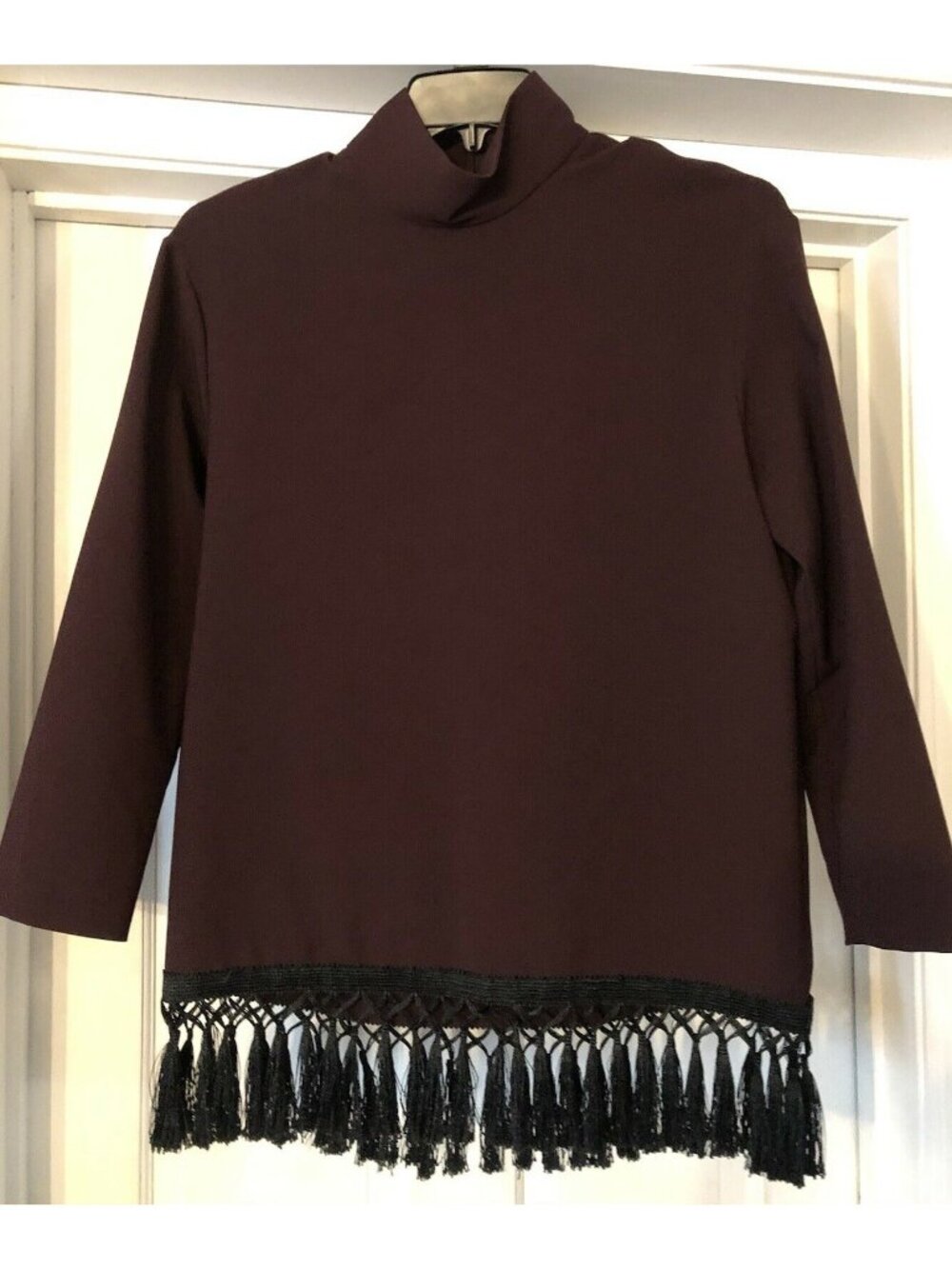 Zara High Neck Plum Top with Fringe Pompoms Sz M (READ)